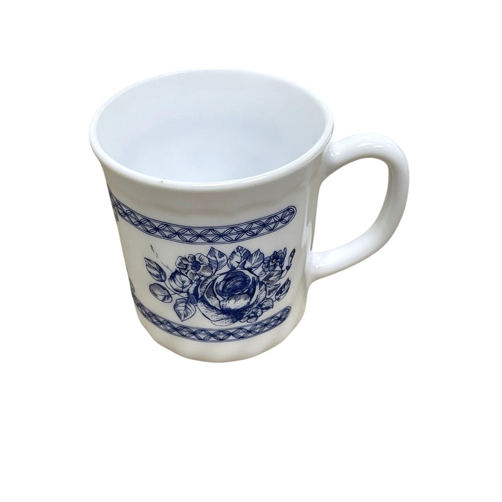 Vintage French Blue Rose‎ Mug White Ceramic Coffee Tea Cup Kitchenware Honorine